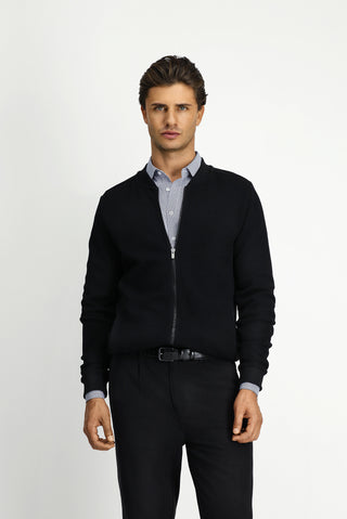 Siyah Fermuarlı Desenli Pamuk Bomber Sweatshirt