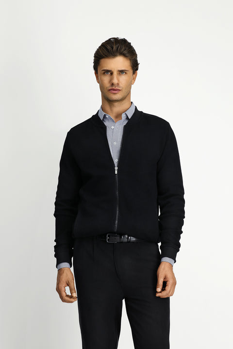 Black Zip-Up Patterned Cotton Bomber Sweatshirt