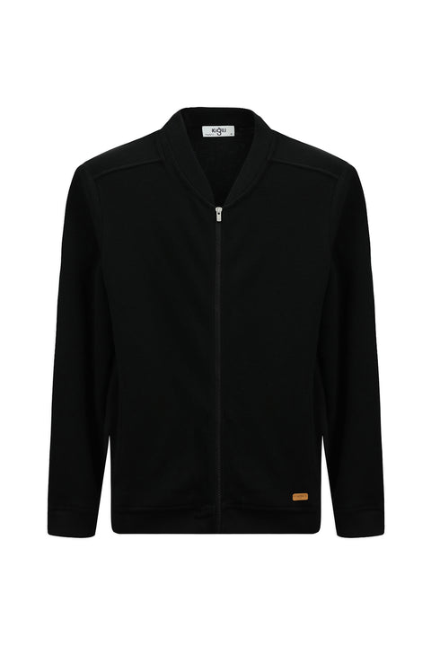 Black Zip-Up Patterned Cotton Bomber Sweatshirt