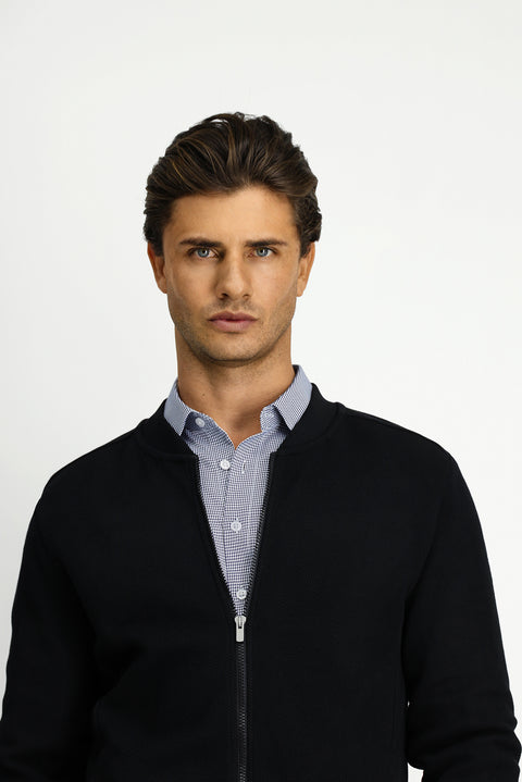 Black Zip-Up Patterned Cotton Bomber Sweatshirt