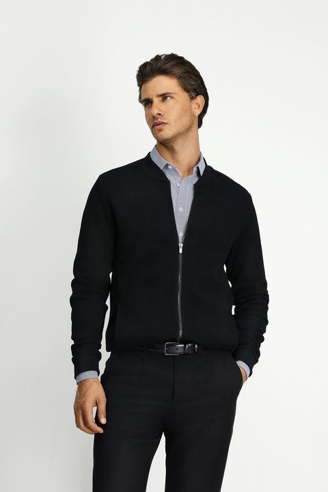 Black Zip-Up Patterned Cotton Bomber Sweatshirt