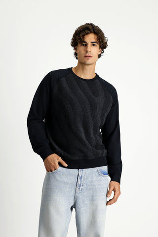 Siyah Bisiklet Yaka Regular Fit Desenli Pamuklu Sweatshirt