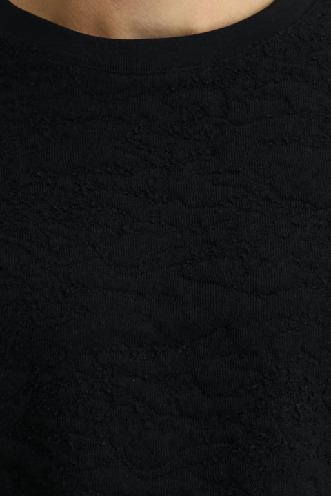 Siyah Bisiklet Yaka Loose Fit Desenli Pamuklu Sweatshirt