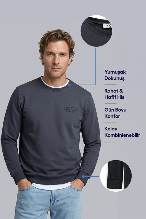 Koyu Füme Bisiklet Yaka Regular Fit Baskılı Pamuklu Sweatshirt