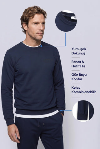 İndigo Bisiklet Yaka Regular Fit Baskılı Pamuklu Sweatshirt