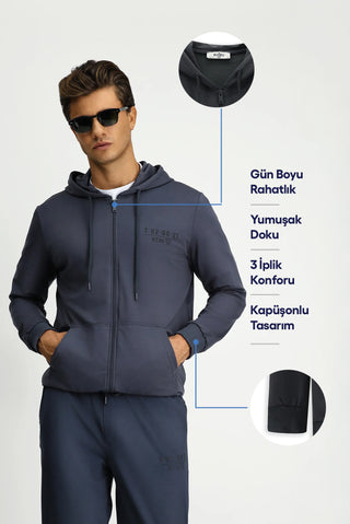 Koyu Füme Kapüşonlu Regular Fit Fermuarlı Baskılı Pamuklu Sweatshirt