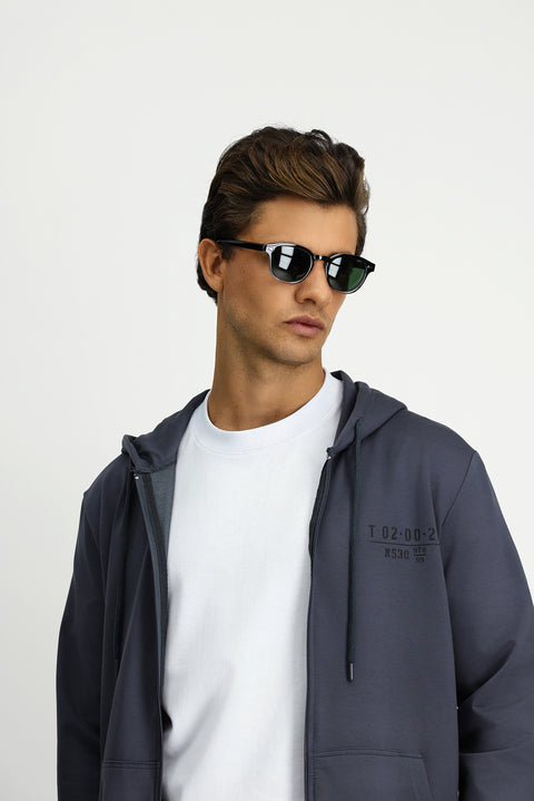 Koyu Füme Kapüşonlu Regular Fit Fermuarlı Baskılı Pamuklu Sweatshirt