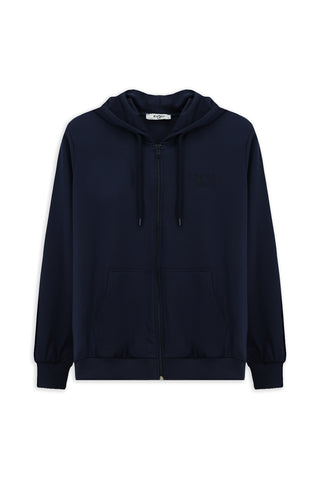 İndigo Kapüşonlu Regular Fit Fermuarlı Baskılı Pamuklu Sweatshirt