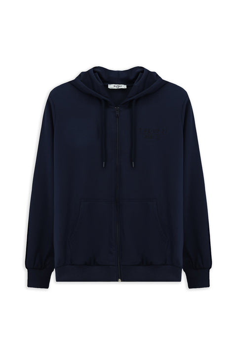 Indigo Hooded Regular Fit Zip-Up Printed Cotton Sweatshirt