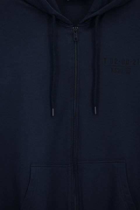 Indigo Hooded Regular Fit Zip-Up Printed Cotton Sweatshirt