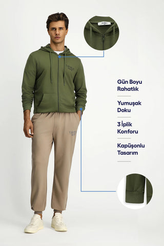 Orta Haki Kapüşonlu Regular Fit Fermuarlı Baskılı Pamuklu Sweatshirt