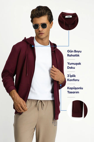 Koyu Bordo Kapüşonlu Regular Fit Fermuarlı Baskılı Pamuklu Sweatshirt