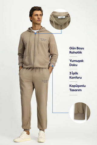 Orta Vizon Kapüşonlu Regular Fit Fermuarlı Baskılı Pamuklu Sweatshirt