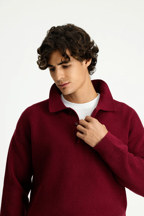 Dark Burgundy Polo Collar Oversize Extra Relaxed Fit Patterned Knit Sweater