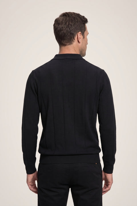 Siyah Polo Yaka Düğmeli Regular Fit Çizgili Triko Kazak