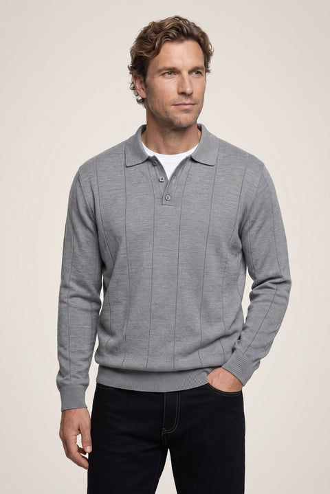 Orta Gri Melanj Polo Yaka Düğmeli Regular Fit Çizgili Triko Kazak