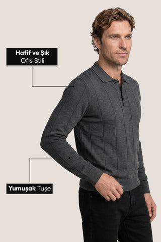 Orta Füme Melanj Polo Yaka Düğmeli Regular Fit Çizgili Triko Kazak