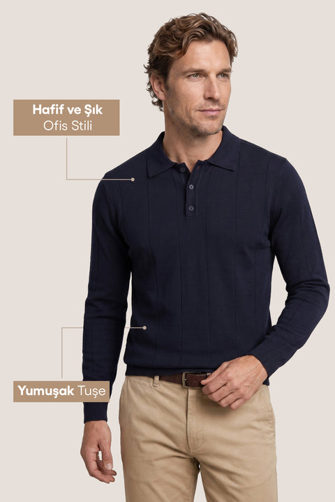 Koyu Lacivert Polo Yaka Düğmeli Regular Fit Çizgili Triko Kazak