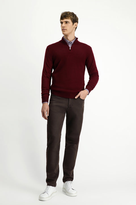 Dark Burgundy Half Turtleneck Regular Fit Patterned Zip-Up Wool Knit Sweater