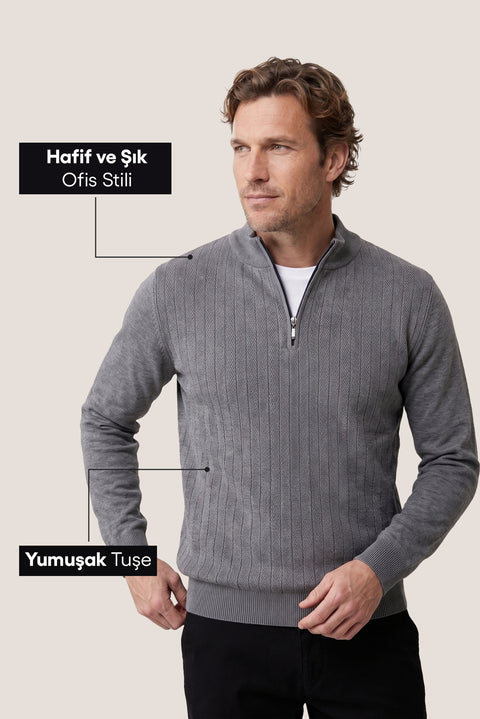 Orta Gri Melanj Yarım Balıkçı Yaka Regular Fit Desenli Fermuarlı Triko Kazak