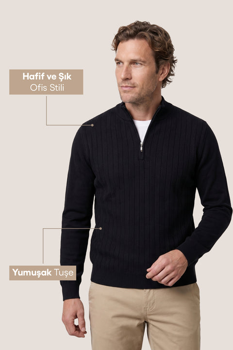 Dark Navy Semi-Turtleneck Regular Fit Patterned Zip-Up Knit Sweater