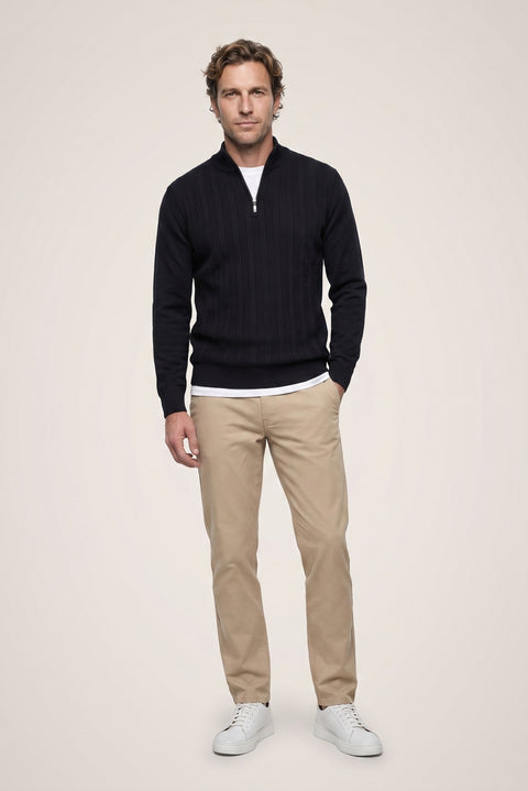 Dark Navy Semi-Turtleneck Regular Fit Patterned Zip-Up Knit Sweater