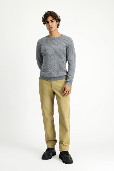 Medium Grey Melange Crew Neck Regular Fit Patterned Wool Knit Sweater