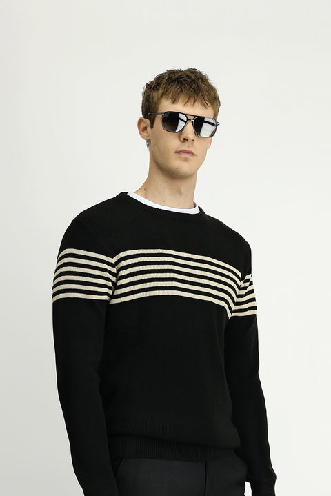 Black Crew Neck Regular Fit Striped Knit Sweater