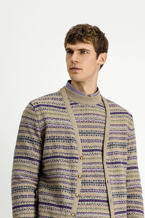 Medium Beige Patterned Wool Knit Cardigan