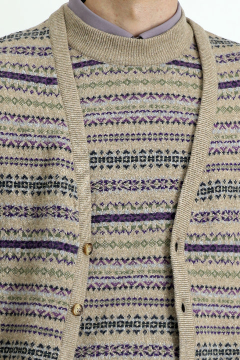 Medium Beige Patterned Wool Knit Cardigan