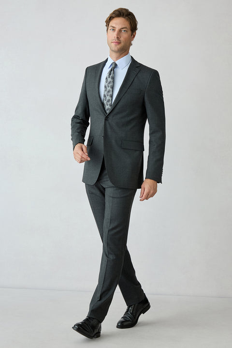 Orta Antrasit 8 Drop Long Slim Fit Uzun Dar Kesim Yünlü Düz Mono Yaka Takım Elbise