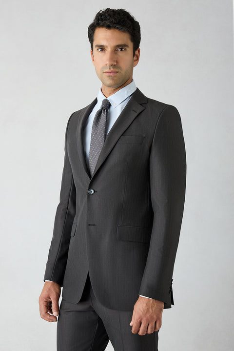 Acı Kahve 8 Drop Long Slim Fit Uzun Dar Kesim Yün Keten Karışımlı Desenli Mono Yaka Takım Elbise