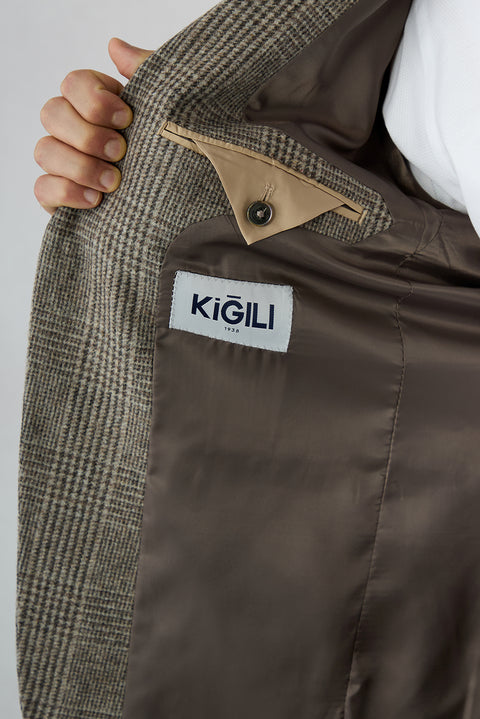 Orta Kahve 6 Drop Regular Fit Standart Kesim Yünlü Ekose Desenli Mono Yaka Klasik Ceket
