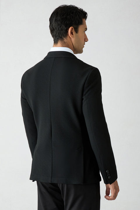 Siyah 7 Drop Super Slim Fit Eksra Dar Kesim Desenli Mono Yaka Spor Ceket