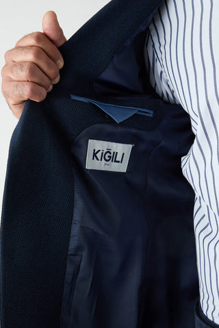Koyu Lacivert 6 Drop Regular Fıt Yünlü Balıksırtı Ceket