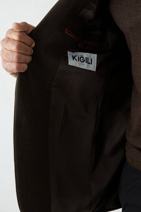Koyu Kahve 6 Drop Regular Fit Standart Kesim Yünlü Desenli Mono Yaka Spor Ceket