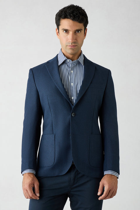 Koyu Lacivert 7 Drop Slim Fit Dar Kesim Yünlü Desenli Mono Yaka Spor Ceket