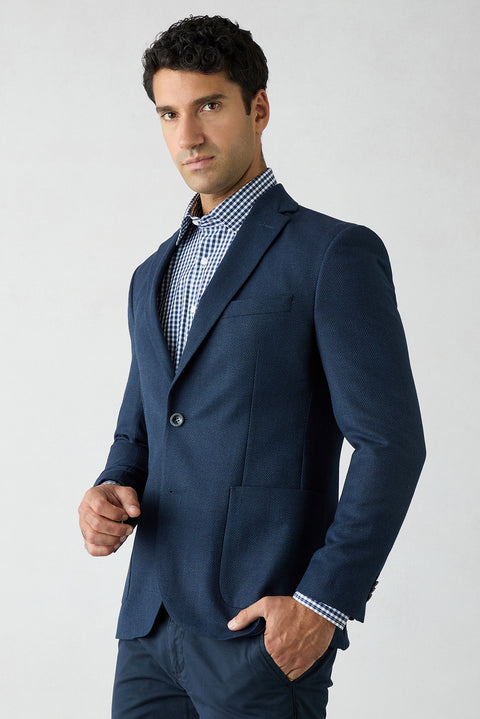 Koyu Lacivert 7 Drop Slim Fit Dar Kesim Yünlü Desenli Mono Yaka Spor Ceket