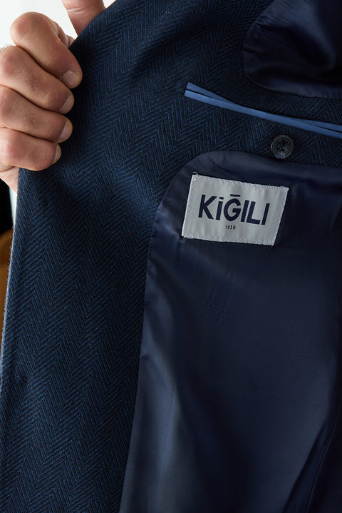 Koyu Lacivert 7 Drop Slim Fit Dar Kesim Yünlü Desenli Mono Yaka Spor Ceket