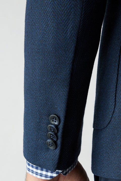 Koyu Lacivert 7 Drop Slim Fit Dar Kesim Yünlü Desenli Mono Yaka Spor Ceket