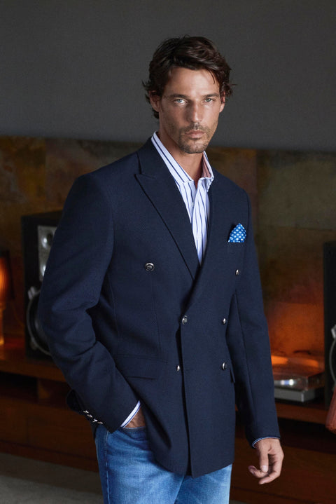 Dark Navy Blue 7 Drop Slim Fit Pointed Lapel Armory Double-Breasted Blazer Jacket