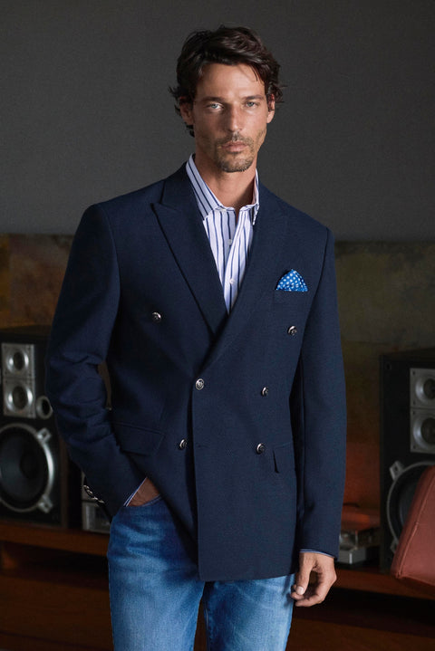 Dark Navy Blue 7 Drop Slim Fit Pointed Lapel Armory Double-Breasted Blazer Jacket