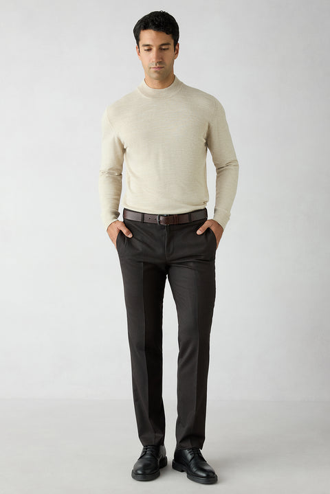 Koyu Kahve 7 Drop Slim Fit Dar Kesim Yünlü Klasik Kumaş Pantolon