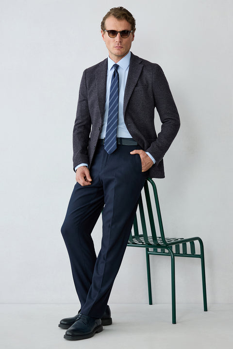 Dark Navy 4 Drop Relaxed Fit Textured Wool Classic Trousers