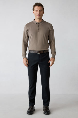 Koyu Lacivert Straight Slim Fit Çizgili Likralı Yandan Cep Kanvas / Chino Pantolon