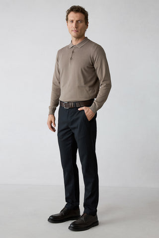 Koyu Lacivert Straight Slim Fit Çizgili Likralı Yandan Cep Kanvas / Chino Pantolon