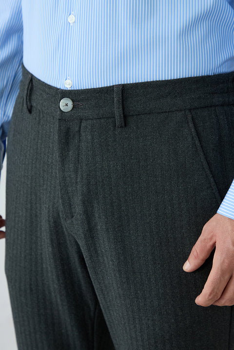 Dark Charcoal Relaxed Fit Striped Casual Trousers with Elastic Back Waistband