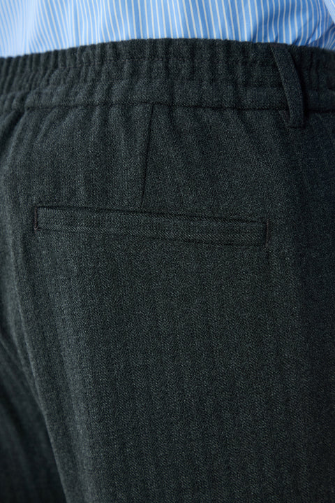 Dark Charcoal Relaxed Fit Striped Casual Trousers with Elastic Back Waistband