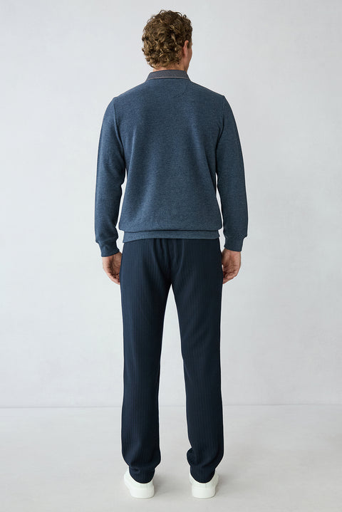 Mid-Denim Relaxed Striped Casual Trousers with Back Elasticated Waist