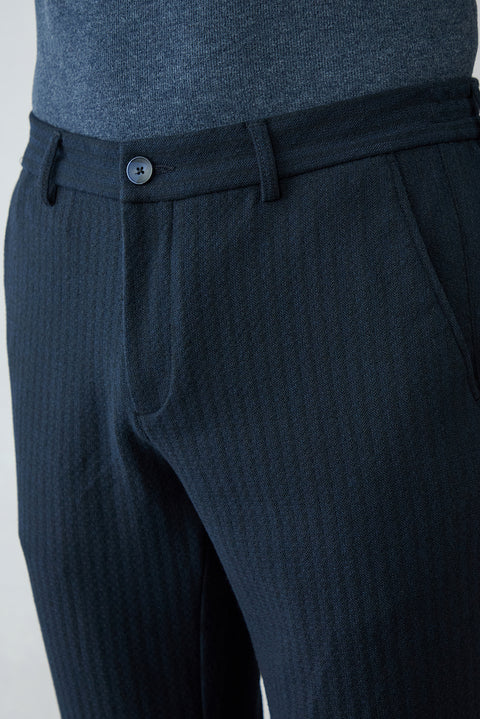 Mid-Denim Relaxed Striped Casual Trousers with Back Elasticated Waist